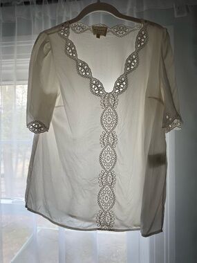 Sezane Cream Eyelet-Trim V-Neck Blouse